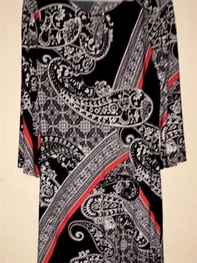 Black Paisley Print Dress with Red Accents
